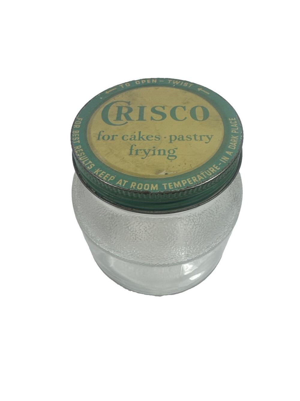 Vintage Crisco Glass Jar wOriginal Tin Lid Hazel Atlas HA Mark 1940s 1950s